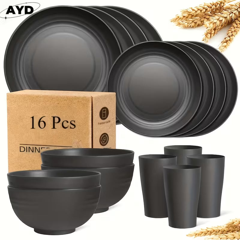 32/16pcs Wheat Straw Large Size Dinnerware Set, Service For 8/4, Lightweight Kitchen Accessories, Unbreakable Modern Dish Set-Plate/Dessert Plate/Bowl/Cup, Dishwasher And Microwave Safe, Perfect Everyday Use, Best Gifts For Thanksgiving And Christma