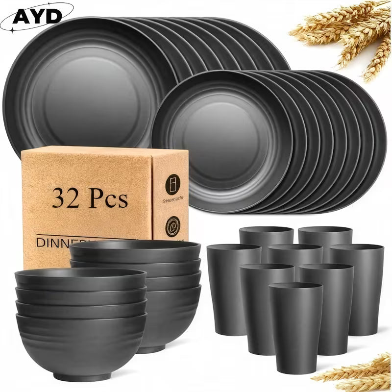 32/16pcs Wheat Straw Large Size Dinnerware Set, Service For 8/4, Lightweight Kitchen Accessories, Unbreakable Modern Dish Set-Plate/Dessert Plate/Bowl/Cup, Dishwasher And Microwave Safe, Perfect Everyday Use, Best Gifts For Thanksgiving And Christma