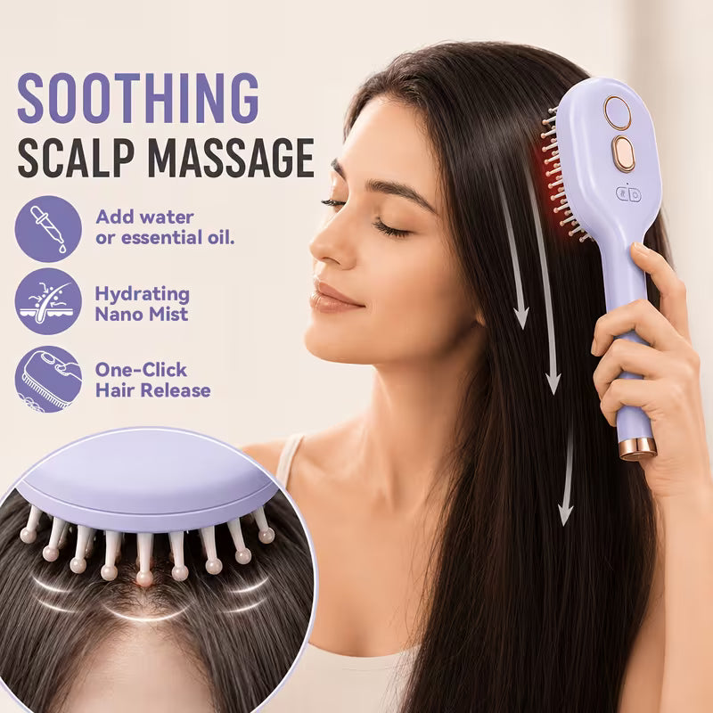 Portable USB Rechargeable Electric Scalp Massager Comb with Retractable Teeth & Nano Mist Suitable for All Hair Types, Air-Cushion Detangling Brush for Hair Care, Scalp Device for and Travel Use